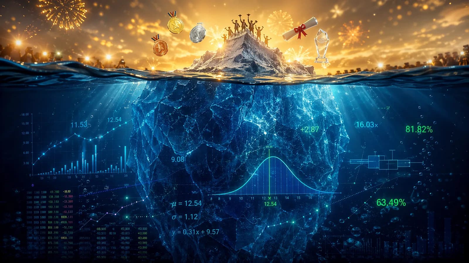 Iceberg cinematográfico en corte transversal sobre el nivel del mar: arriba del agua la punta iluminada de dorado con medallas, diploma, trofeo, siluetas de graduados celebrando bajo fuegos artificiales y cielo crepuscular cálido — abajo del agua la masa gigantesca del iceberg en tonos azul profundo y cyan, grabada con visualizaciones holográficas de datos: curva de campana con mediana 12.51, números flotantes 11.55, 12.51, 16.03×, 78.85%, 63.49%, ecuaciones estadísticas μ=12.51, σ=1.12, y=0.30x+9.58, partículas digitales ascendiendo