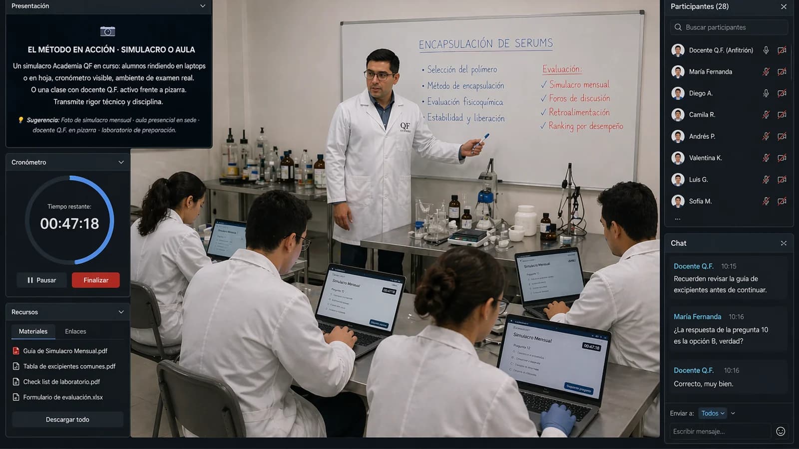 Simulacro en vivo QF Academia · docente Q.F. explicando 'Encapsulación de SERUMS' en pizarra de laboratorio con alumnos en batas blancas trabajando frente a laptops · interfaz virtual con cronómetro, participantes, chat y materiales descargables