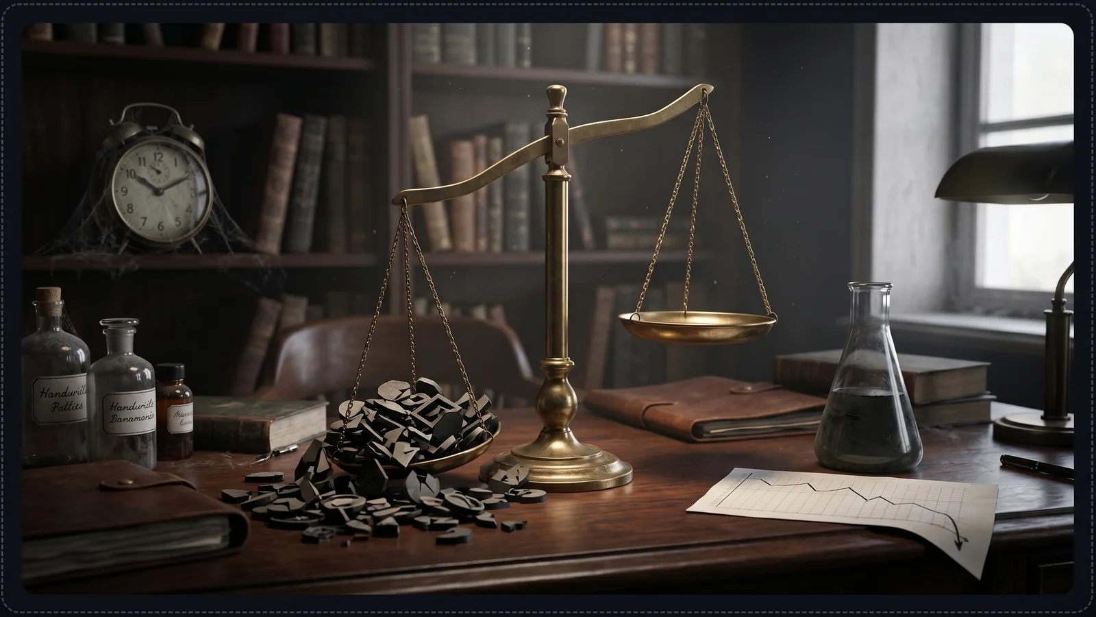 Balanza de bronce desequilibrada sobre un escritorio antiguo · un platillo rebosa de letras caóticas, el otro vacío · reloj detenido con telarañas, matraz con líquido oscuro y hoja con una gráfica descendente · metáfora del instrumento quebrado