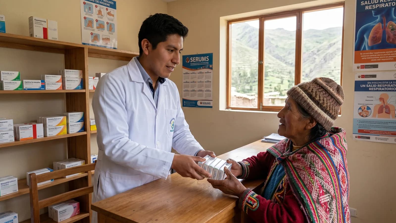 Químico farmacéutico peruano con bata blanca entregando una caja de medicamentos a una señora andina en una botica rural · afiches de SERUMS y salud respiratoria en la pared · montañas de los Andes visibles por la ventana