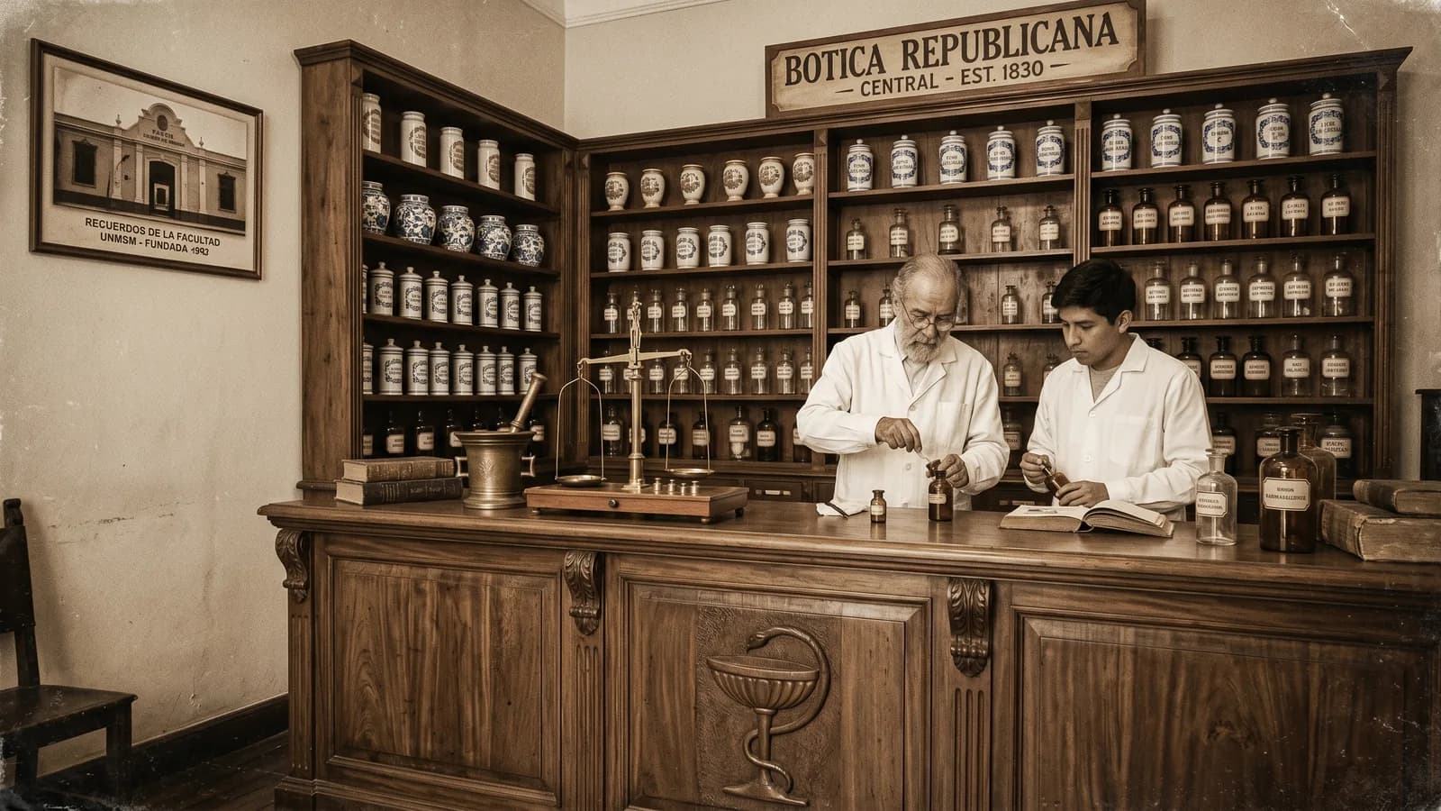 Botica Republicana Central de 1830 · dos farmacéuticos peruanos dispensando en un mostrador de madera ante una biblioteca de frascos antiguos, con un marco que evoca la Facultad de Farmacia de la UNMSM al fondo